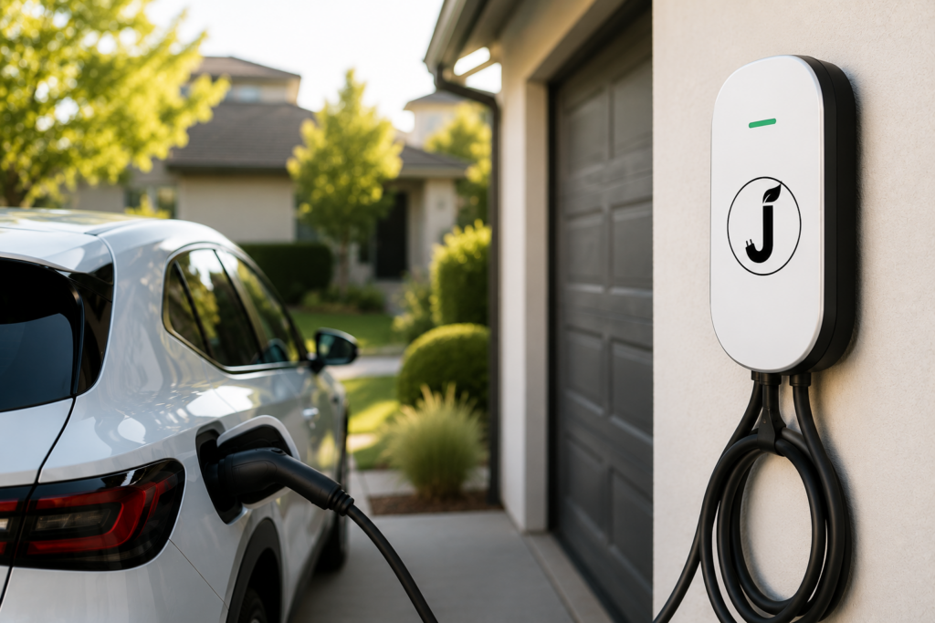 White electric vehicle charging in a home driveway using a wall-mounted JuiceNet home charger