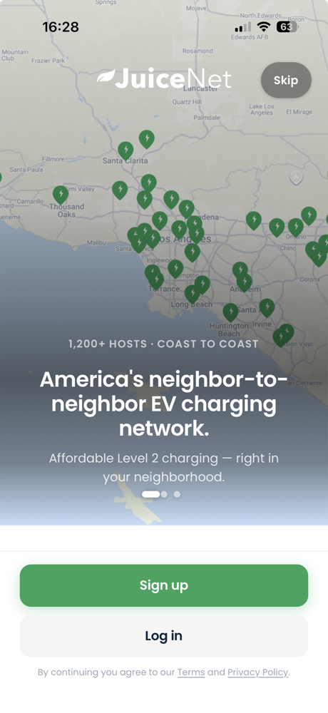 The JuiceNet app showing nearby EV charging hosts on a map