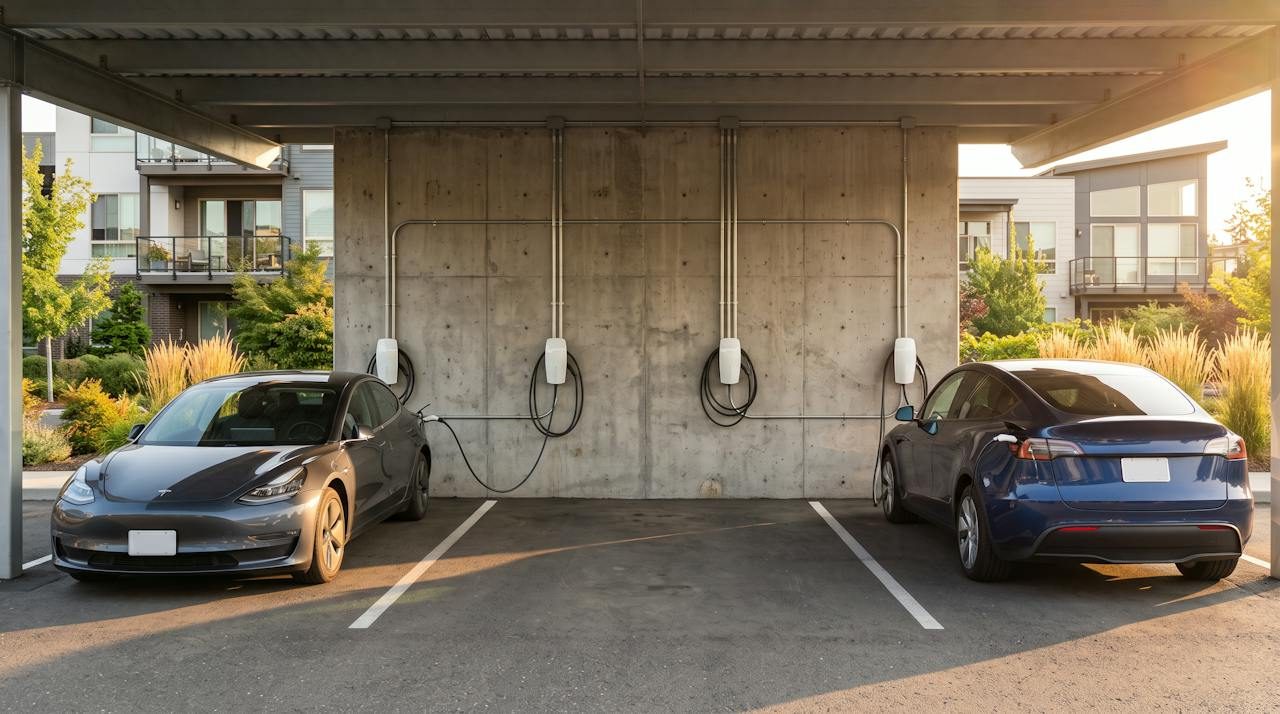 Row of wall-mounted Level 2 EV chargers in an apartment community parking structure with two electric cars plugged in