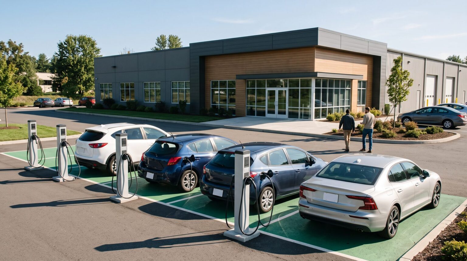 Level 2 EV charging stations and plugged-in cars at a business park with office and warehouse