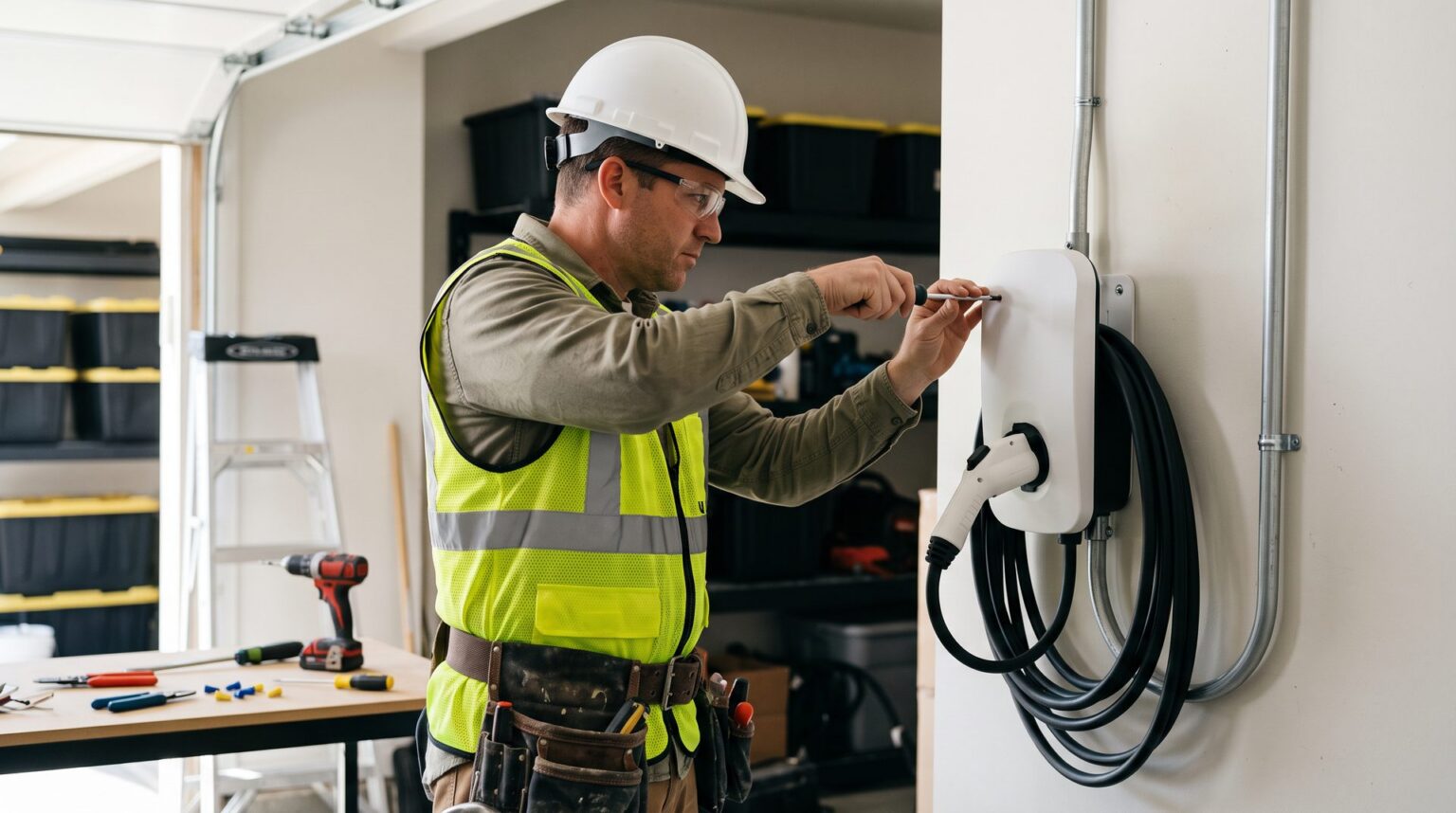 Electrician installing a wall-mounted Level 2 EV charger in a home garage