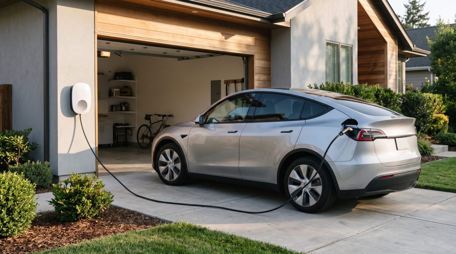 Electric crossover charging at a wall-mounted Level 2 home charger in the driveway
