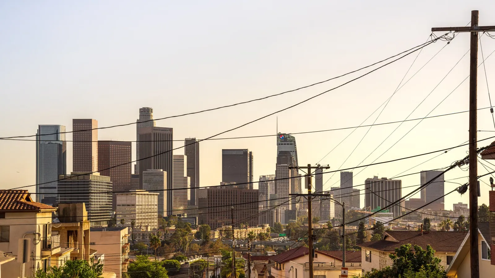 Downtown Los Angeles skyline at sunset
