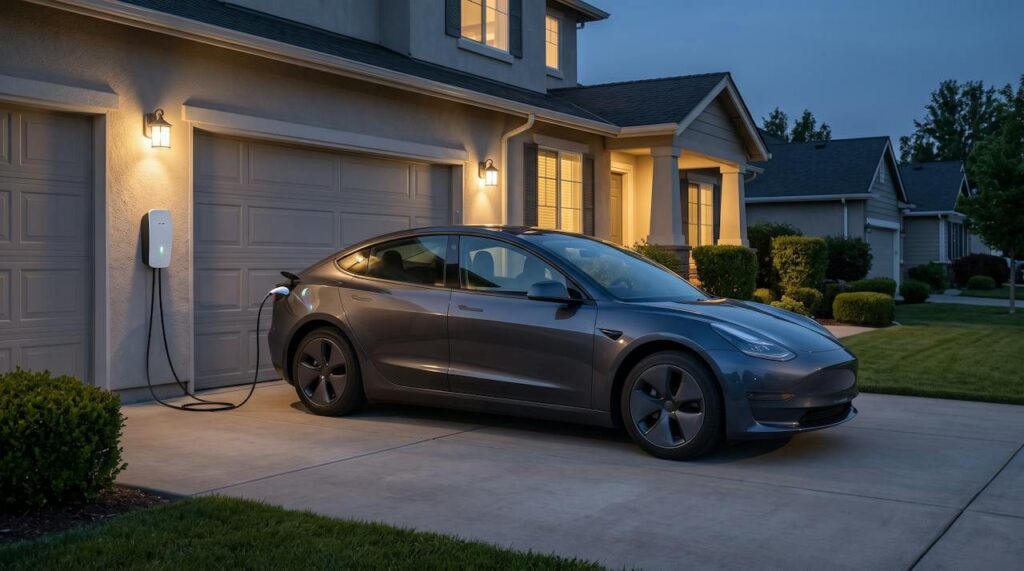 Electric sedan charging at a wall-mounted home EV charger in a driveway at dusk