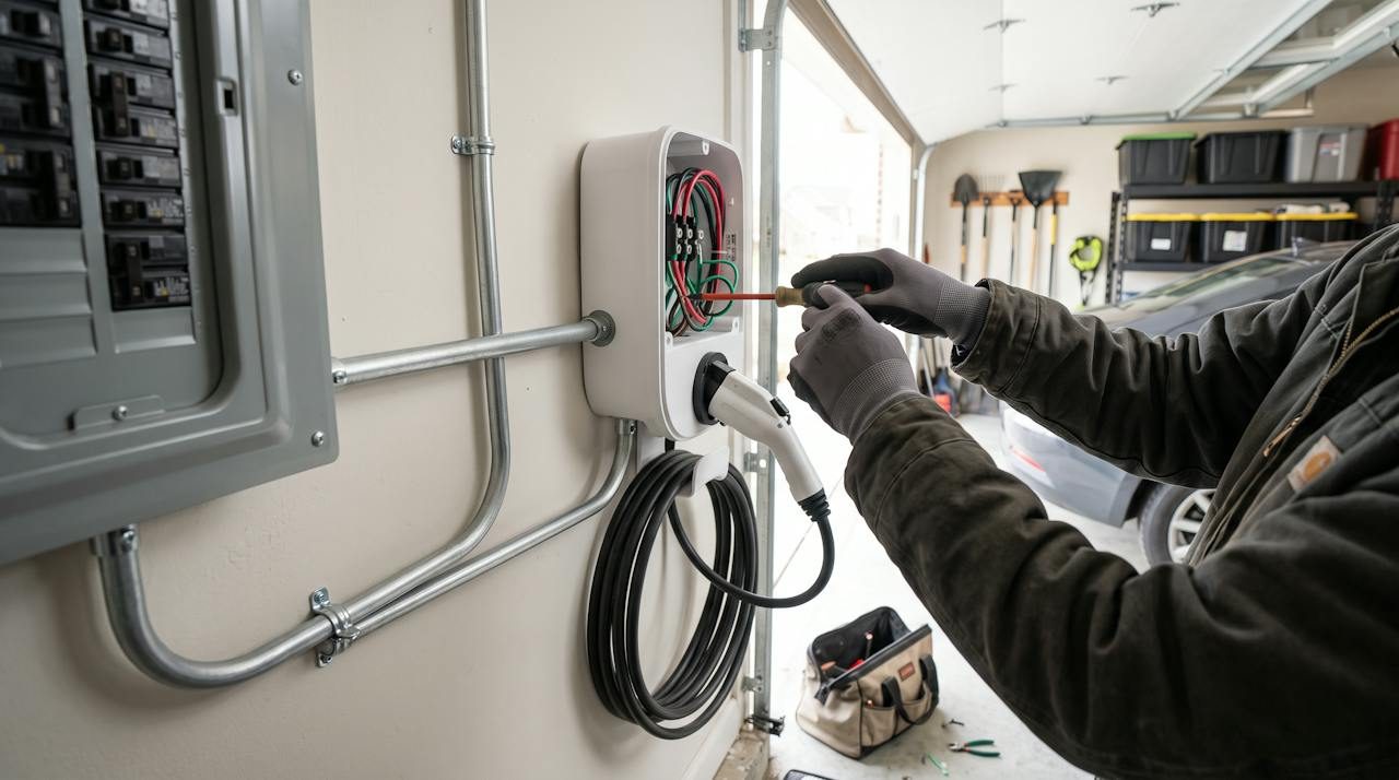 Electrician wiring a wall-mounted Level 2 EV charger in a home garage