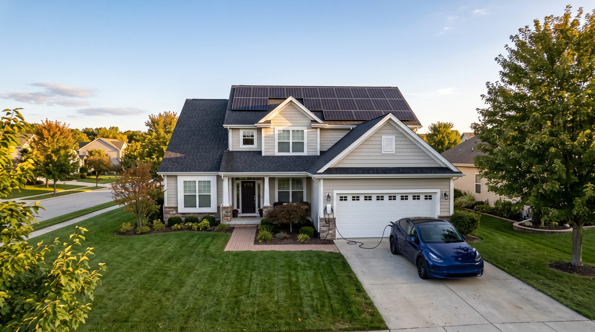 Suburban home with rooftop solar panels and an EV charger in the driveway